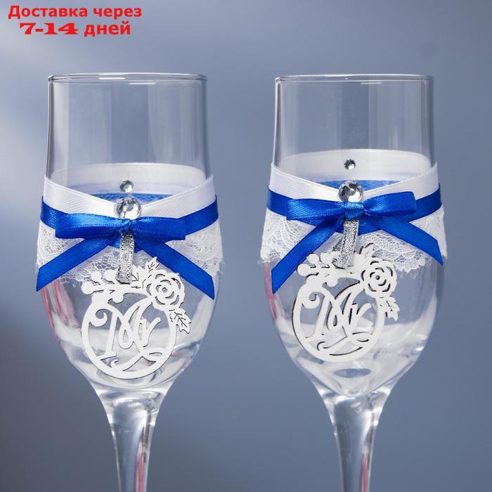 Набор свадебных бокалов "Романтика", ручной работы, синий-серебро, 6х6х20,5 см - фото 2 - id-p227019052