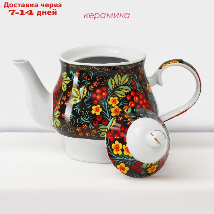 Сервиз чайный Доляна "хохлома",13 предметов: чайник 1 л, 6 чашек 210 мл, 6 блюдец, на подставке - фото 4 - id-p227106269