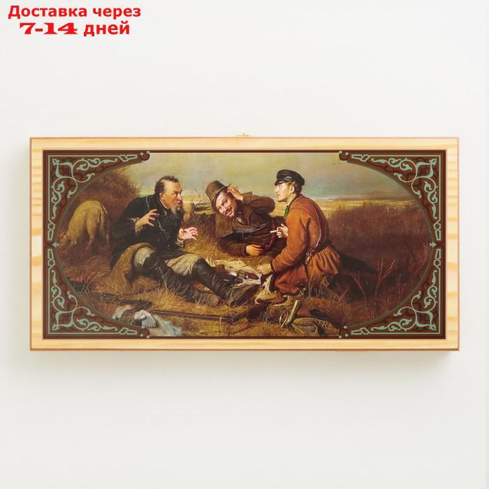 Нарды "Охотники на привале", деревянная доска 40х40 см, с полем для игры в шашки - фото 1 - id-p227102628