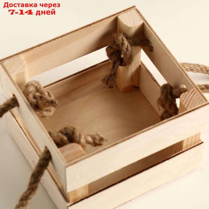 Кашпо деревянное 12×11×9 см "Однушка Лайт" реечное, ручка верёвка, натуральный Дарим Красиво - фото 4 - id-p226964688