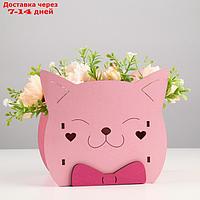 Кашпо деревянное для цветов и подарков "Котик" с аппликацией, розовое, 18,8х12,8х16,7 см