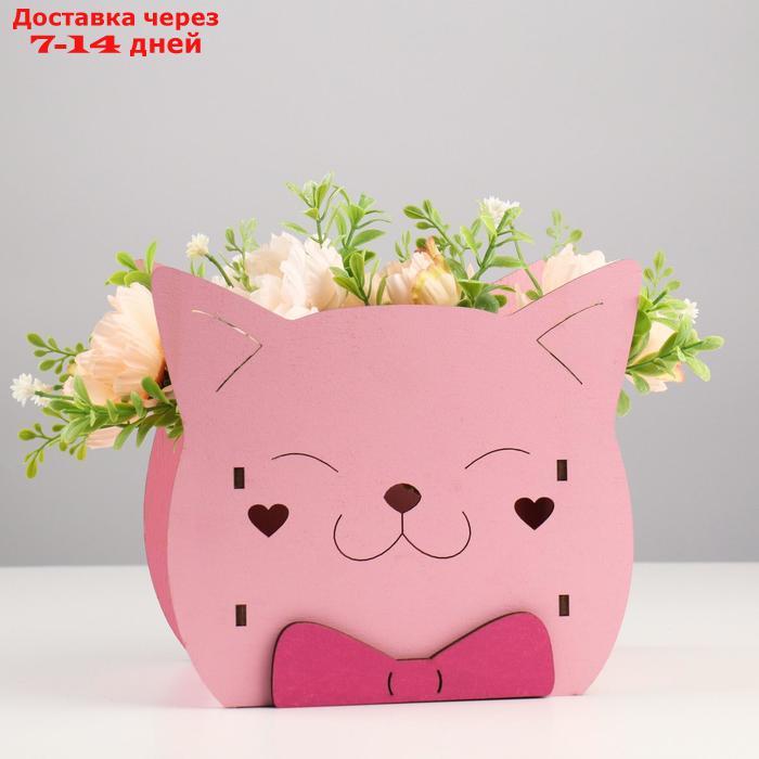 Кашпо деревянное для цветов и подарков "Котик" с аппликацией, розовое, 18,8х12,8х16,7 см - фото 1 - id-p226973718