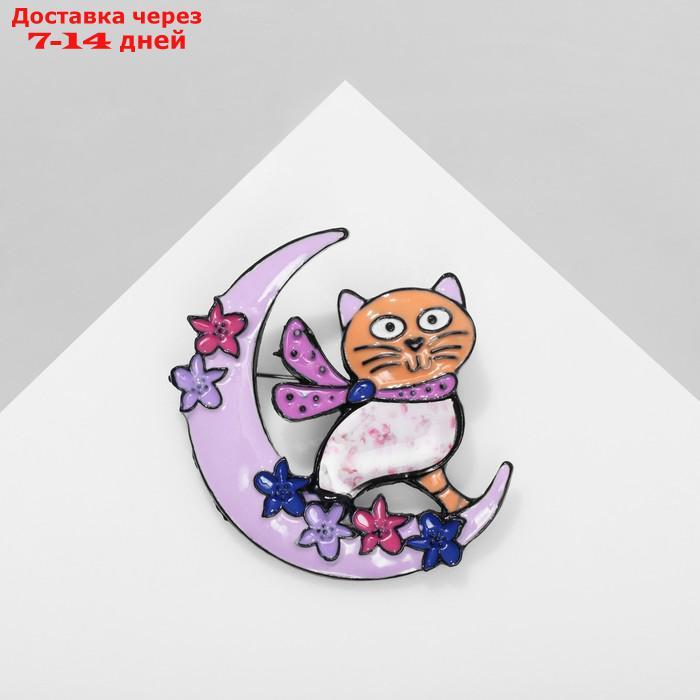 Брошь мультяшная "Кошка" на полумесяце, цет розовый в чёрном металле - фото 1 - id-p227114189