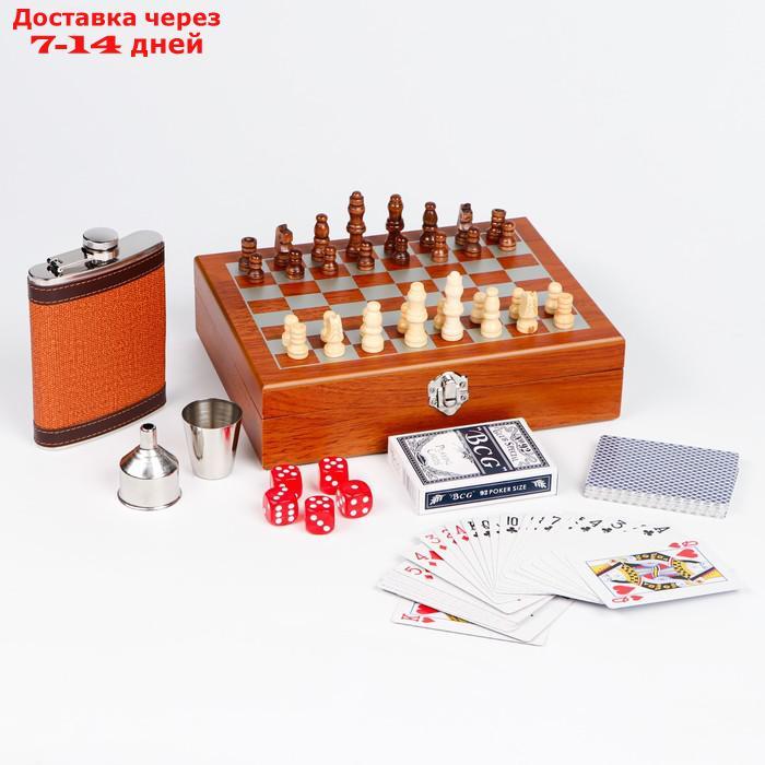 Набор 6 в 1:фляжка 8 oz, рюмка, воронка, кубики 5 шт, карты, шахматы, 18 х 24 см - фото 2 - id-p227101023