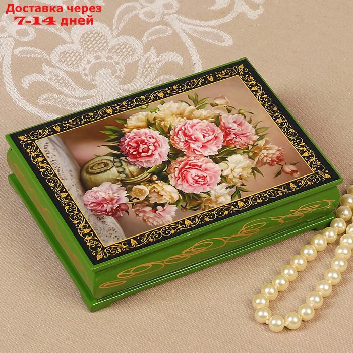 Шкатулка "Бело-розовые цветы", зелёная, 10×14 см, лаковая миниатюра - фото 1 - id-p227023123