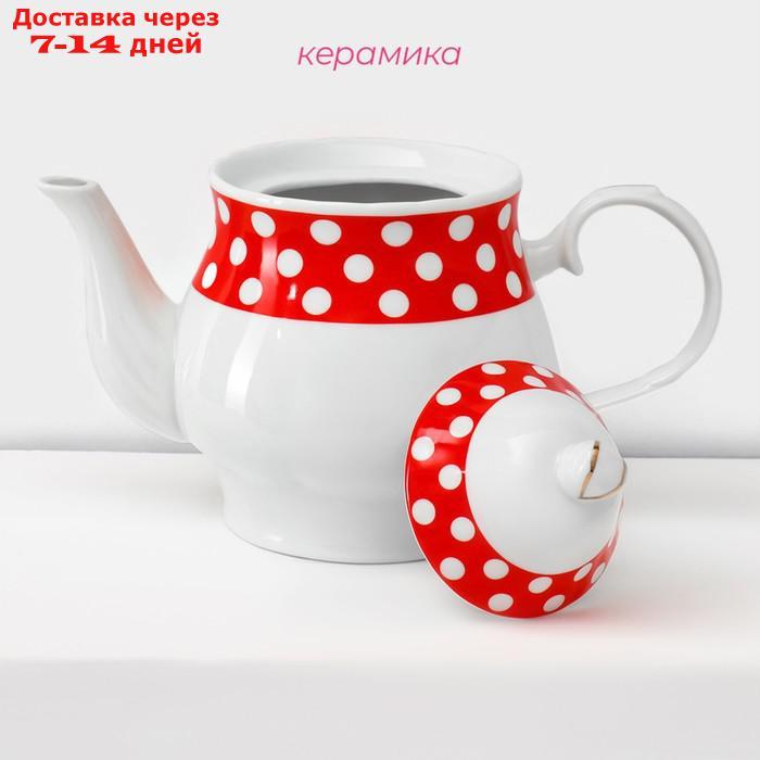 Сервиз чайный Доляна "Горох",13 предметов на подставке: 6 чашек 210 мл, 6 блюдец, чайник, цвет красный - фото 4 - id-p227012149