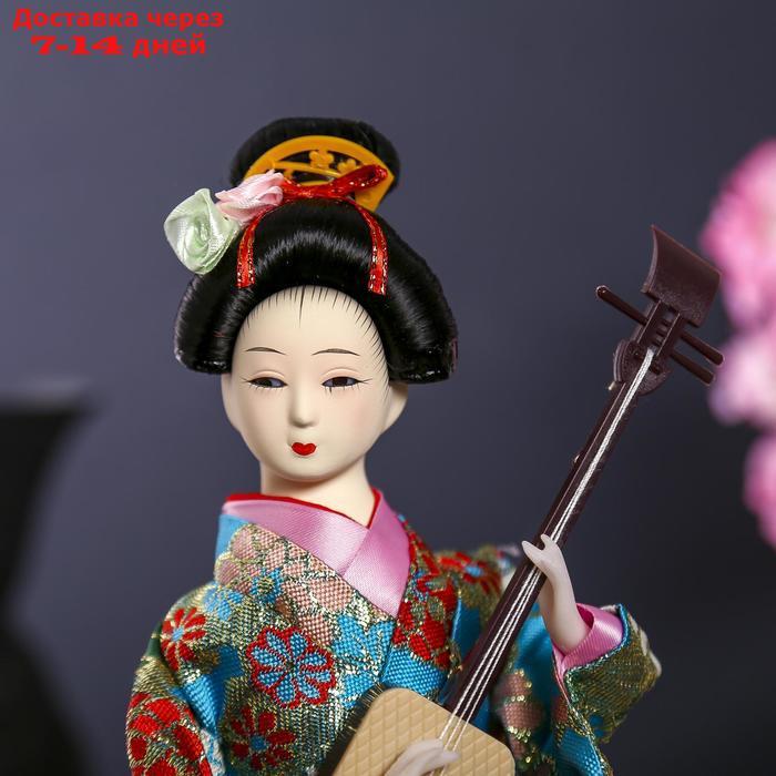 Кукла коллекционная "Гейша в цветочном кимоно с музыкальным инструментом" - фото 5 - id-p226942419