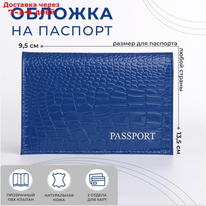 Обложка для паспорта, тиснение фольга, крокодил, цвет синий - фото 1 - id-p227099697