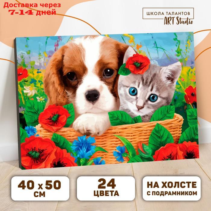Картина по номерам на холсте с подрамником "Котенок и щенок" 40×50 см - фото 1 - id-p226979010