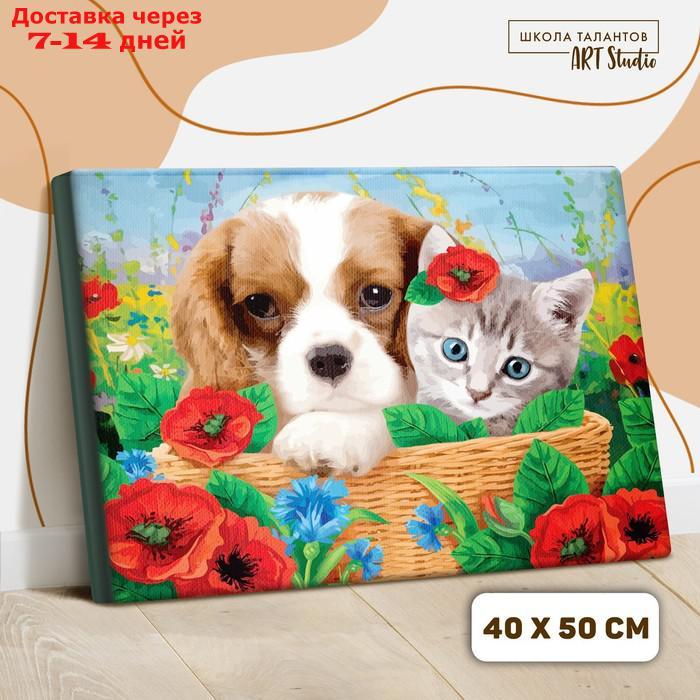Картина по номерам на холсте с подрамником "Котенок и щенок" 40×50 см - фото 2 - id-p226979010