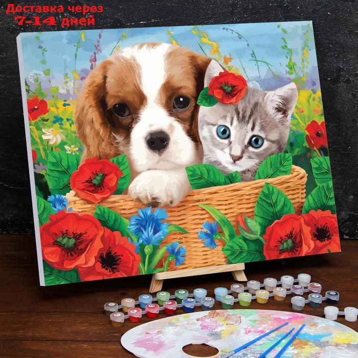Картина по номерам на холсте с подрамником "Котенок и щенок" 40×50 см - фото 3 - id-p226979010