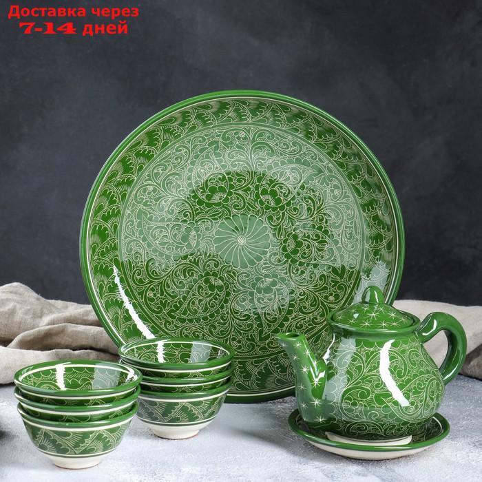 Набор чайный, риштанская роспись, 9 предметов, зелёный: чайник 0.8 л, пиалы 0.3 л - фото 1 - id-p227012737