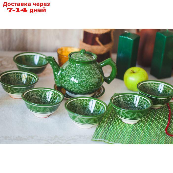 Набор чайный, риштанская роспись, 9 предметов, зелёный: чайник 0.8 л, пиалы 0.3 л - фото 2 - id-p227012737