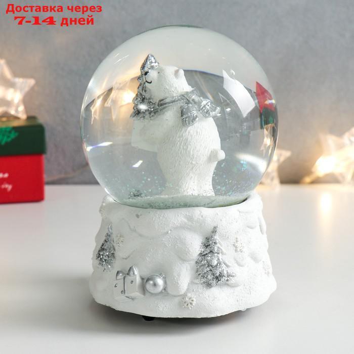 Сувенир полистоун водяной шар музыка "Белый мишка с ёлочкой и подарком" 11,5х11,5х14 см - фото 4 - id-p227117873