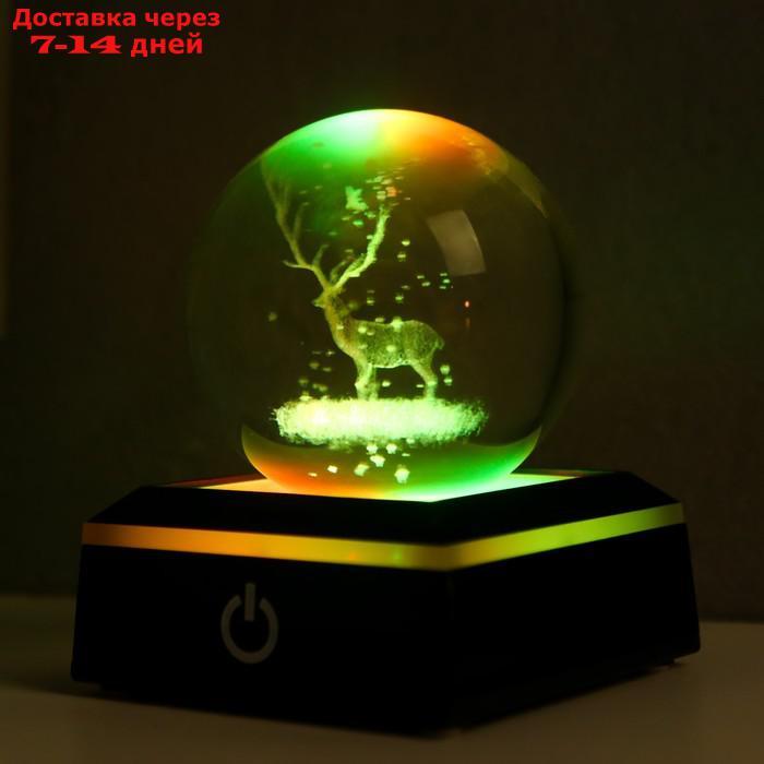 Сувенир стекло подсветка "Олень" d=6 см подставка LED от 3AAA, провод USB 9х7х7 см