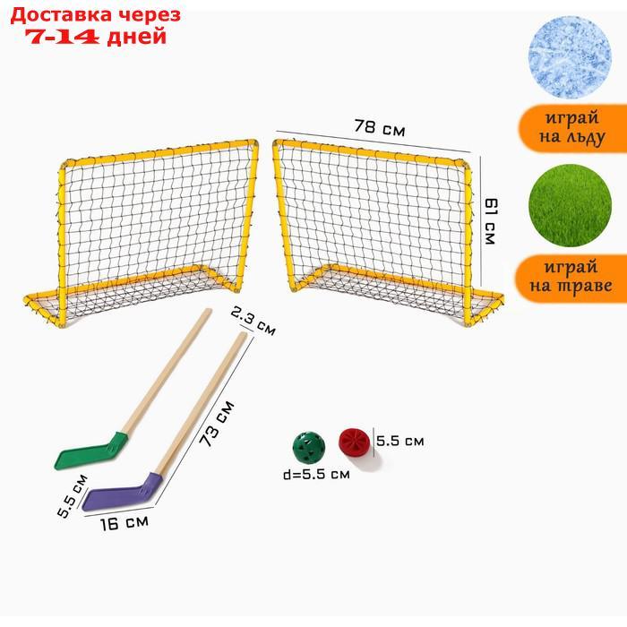 Хоккейный набор: 2 клюшки, 2 ворот с сеткой, шайба, мячик, в коробке, микс - фото 1 - id-p226958905