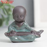 Сувенир керамика "Маленький Будда с ситаром" голубая глазурь, кракелюр 6,5х6,2 см