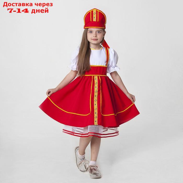 Русский народный костюм, кокошник, сарафан с рубашкой, цвет красный, рост 122-128, 6-7 лет - фото 1 - id-p226946345
