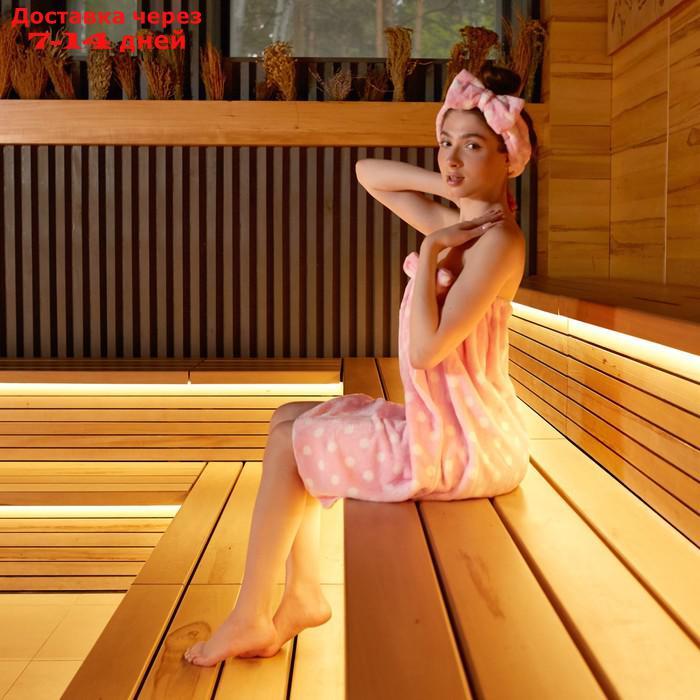 Набор для бани и ванной Этель "Горох" полотенце-парео 75*120 см+повязка, цв.розовый - фото 3 - id-p227098511