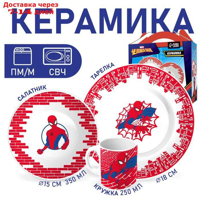 Набор посуды "Человек-паук", 4 предмета: тарелка Ø 16,5 см, миска Ø 14 см, кружка 200 мл, коврик в подарочной - фото 1 - id-p227107641