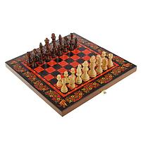 Настольная игра 3 в 1 "Хохлома красная": шахматы, нарды, шашки (доска дерево 40х40 см)