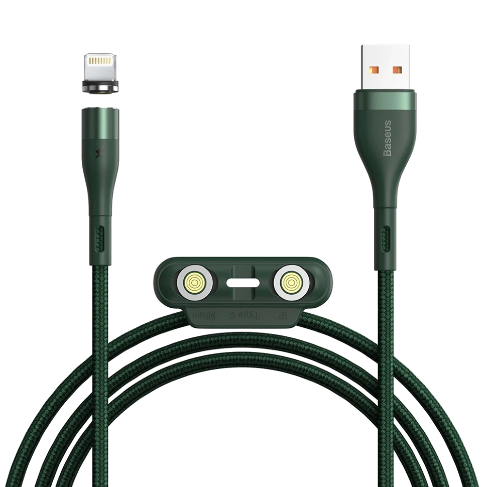Кабель Baseus Zinc Magnetic USB - Micro USB+Lightning+Type-C 5А 1м Зеленый - фото 1 - id-p226740886
