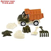 Песочный набор с грузовиком хаки-коричневый(лопатка и грабли 19см, 4 формочки) JB5300672