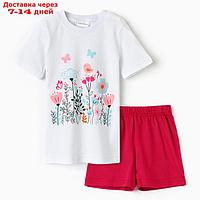 Комплект для девочки (футболка/шорты) "Цветы", цвет белый/персиковый, рост 104-110