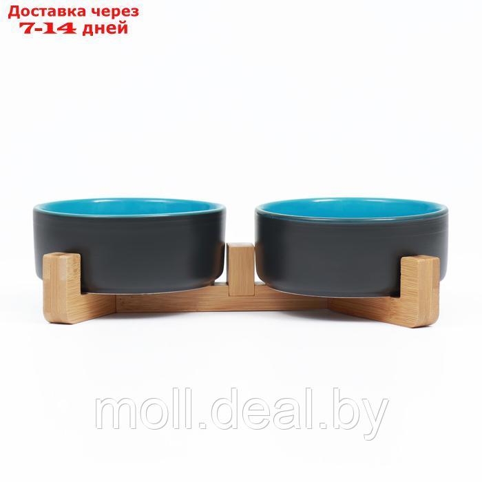 Миски керамические двойные на подставке 2 х 450 мл 28,5 х 15,5 х 7 см, серая/голубая - фото 4 - id-p226888245