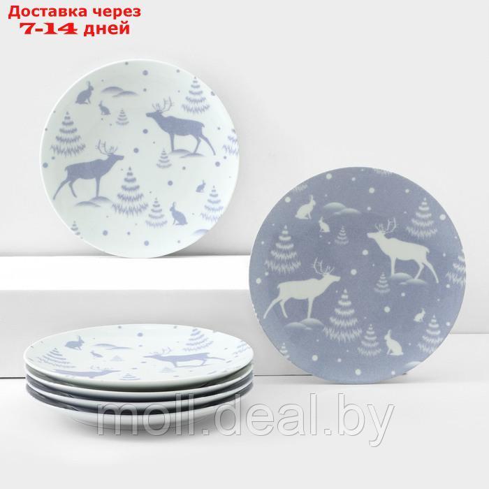 Набор фарфоровых тарелок "Зимний лес", 6 предметов, d=24 см, микс