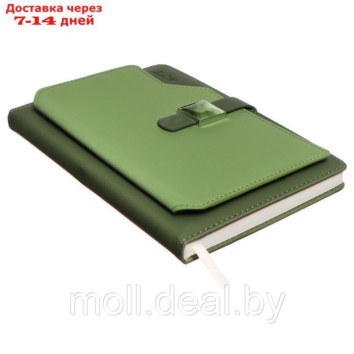 Органайзер на кольцах А6+, 80 листов, кожзам, c хлястиком, линия, с ручкой, в подарочной коробке, зеленый - фото 4 - id-p227079599