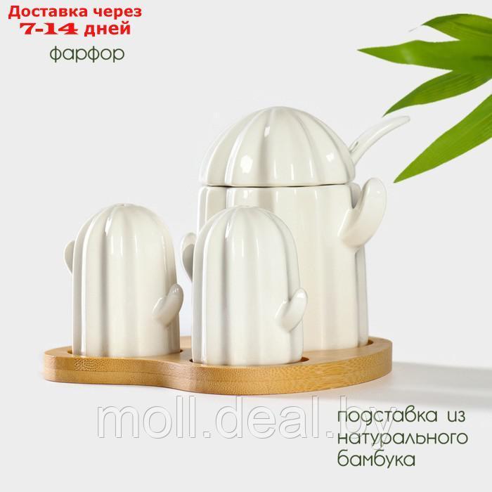Набор фарфоровый для специй на подставке из бамбука BellaTenero "Кактусы", 12×12,5×10 см, цвет белый - фото 3 - id-p227076668