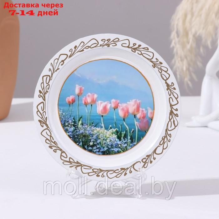 Панно-тарелка "Тюльпаны", белая, D = 14,8 см, лаковая миниатюра - фото 1 - id-p227081640