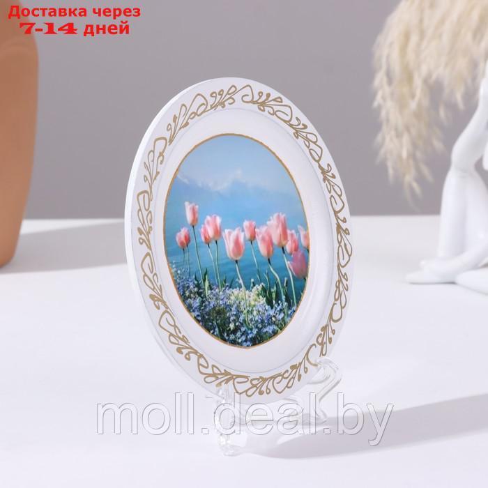 Панно-тарелка "Тюльпаны", белая, D = 14,8 см, лаковая миниатюра - фото 2 - id-p227081640