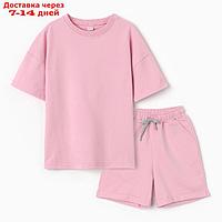 Костюм детский для девочки (футболка,шорты), цвет розовый, рост 128