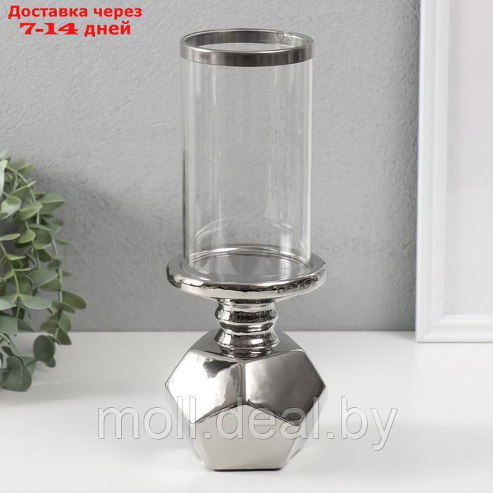 Подсвечник керамика, стекло на 1 свечу "Грани" d=7,5 см серебро 10,5х10,5х27 см - фото 1 - id-p227080879