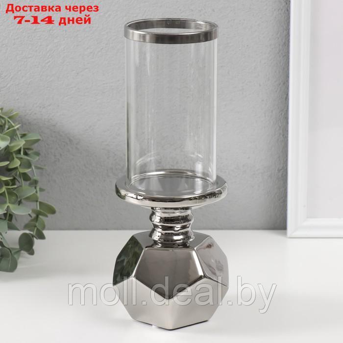 Подсвечник керамика, стекло на 1 свечу "Грани" d=7,5 см серебро 10,5х10,5х27 см - фото 2 - id-p227080879