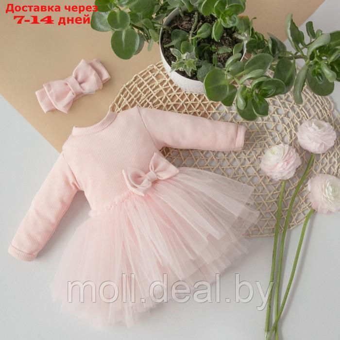 Платье-боди с повязкой на голову детское, рост 80-86 см, цвет светло-розовый - фото 1 - id-p227095854