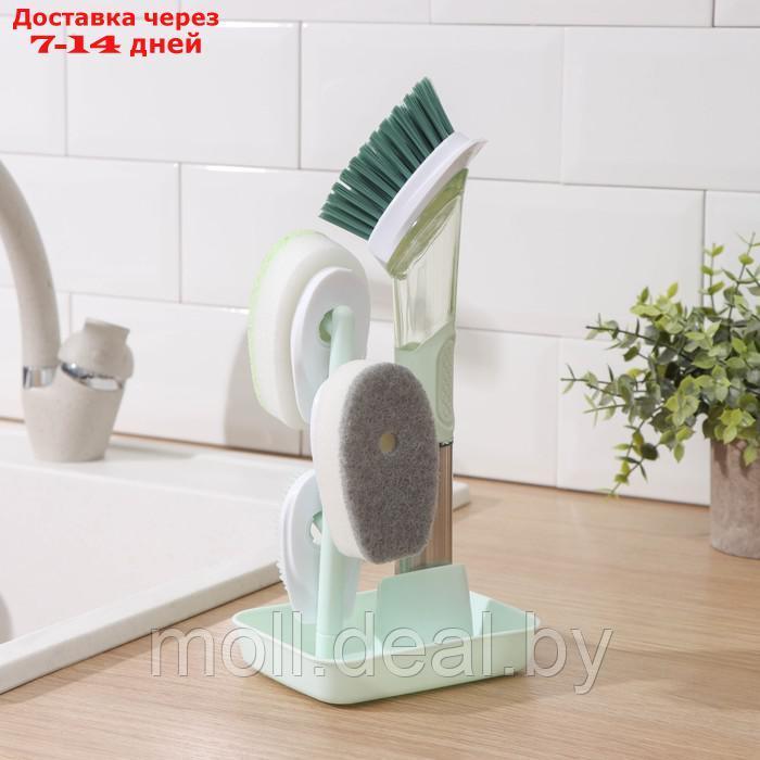 Набор для чистки посуды Raccoon "Практик", ручка-дозатор, 4 щётки, держатель-стойка, цвет зелёный - фото 2 - id-p227087041