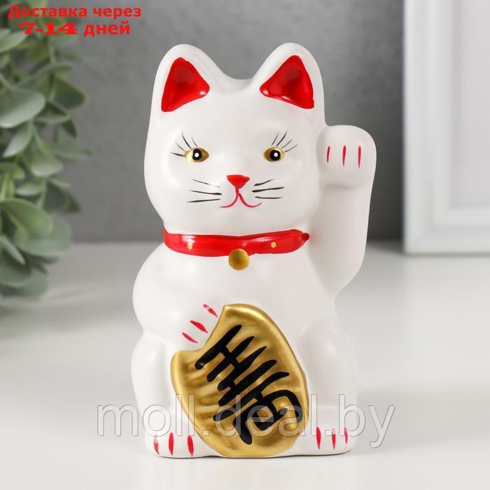 Копилка керамика "Белый кот Манэки-нэко с колокольчиком" 8х7,5х13 см - фото 1 - id-p227089088