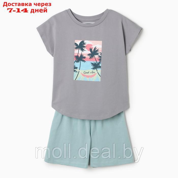 Комплект для девочек (футболка, шорты), цвет серый/мята, размер 110 см - фото 1 - id-p227103294