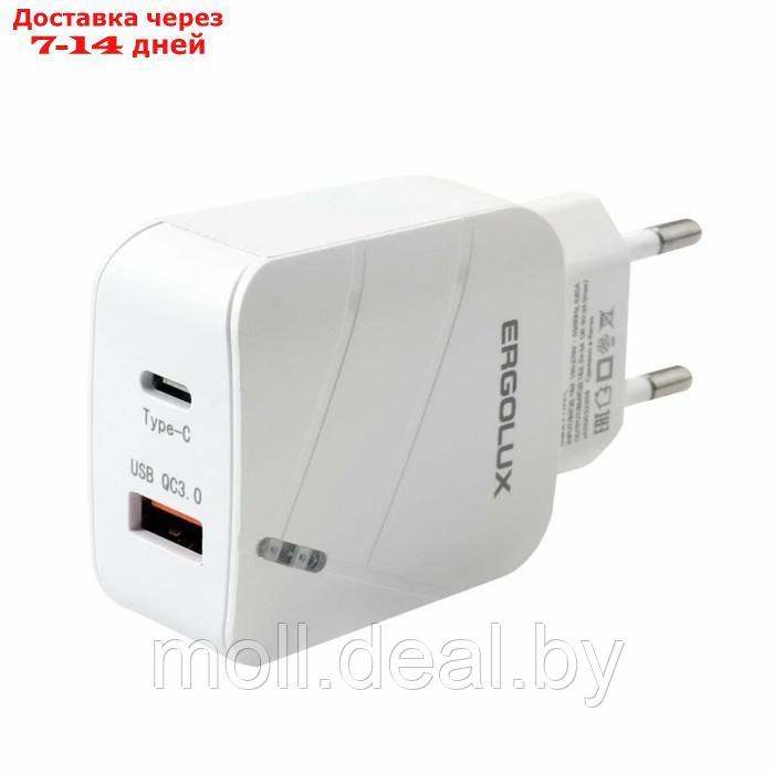 Сетевое зарядное устройство ERGOLUX ELX-РA01QC-C01, 1 USB/USB-C, 3A, быстрая зарядка, белое - фото 1 - id-p227086438