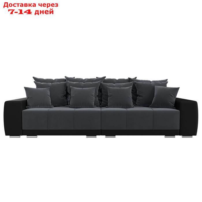 Прямой диван "Лига 028", механизм еврокнижка, НПБ, велюр / экокожа, цвет серый / чёрный - фото 2 - id-p226871153