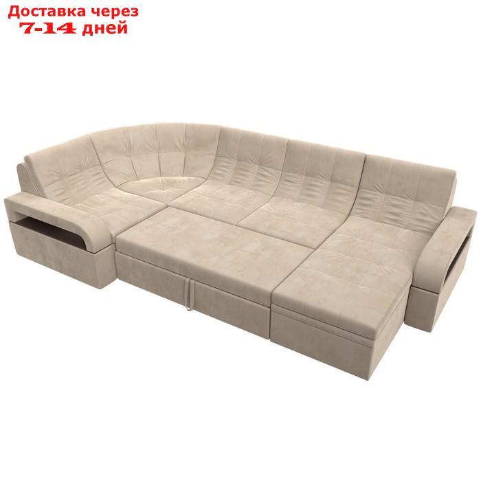П-образный диван "Лига 035", правый угол, механизм дельфин, ППУ, велюр, цвет бежевый - фото 4 - id-p226871215