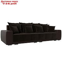 Прямой диван "Лига 028", еврокнижка, НПБ, микровельвет / экокожа, коричневый / коричневый