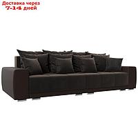 Прямой диван "Лига 028", еврокнижка, НПБ, велюр / экокожа, цвет коричневый / коричневый