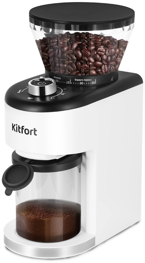 Кофемолка Kitfort КТ-7205 200Вт сист.помол.:жернова вместим.:250гр белый/черный - фото 1 - id-p227232411