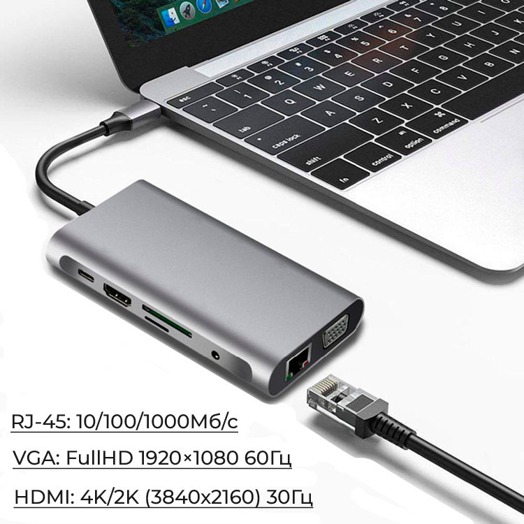 Адаптер - переходник - хаб 8in1 USB3.1 Type-C на HDMI - VGA - 3x USB3.0 - RJ45 (LAN) до 1000 Мбит/с - jack - фото 3 - id-p225058794