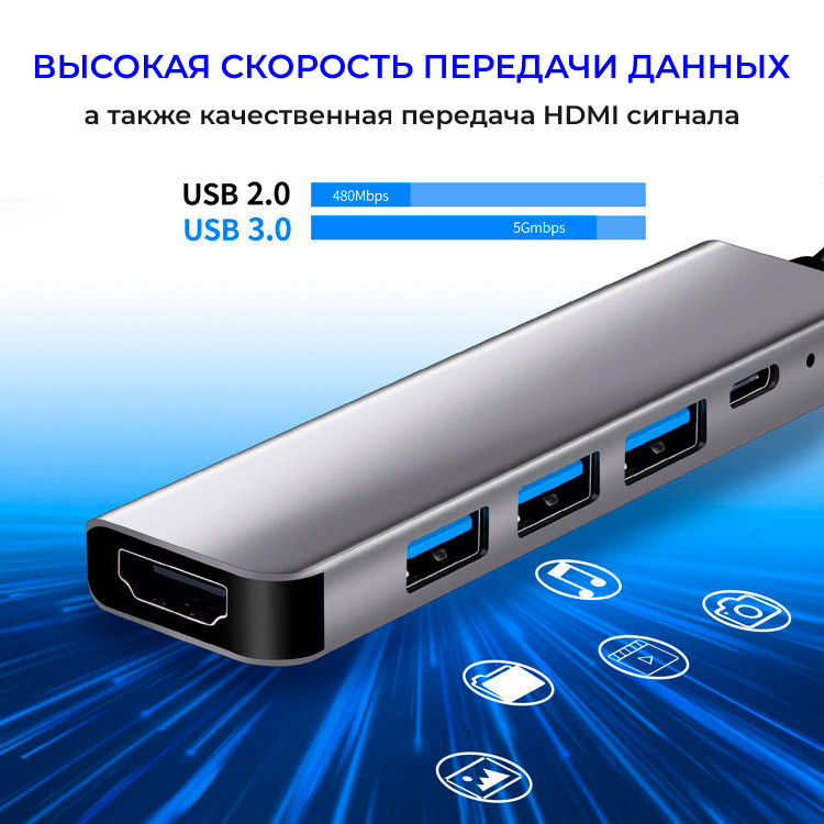 Адаптер - переходник - хаб USB3.1 Type-C на HDMI - USB-C PD - 3x USB3.0, серый 556326 - фото 2 - id-p225058805