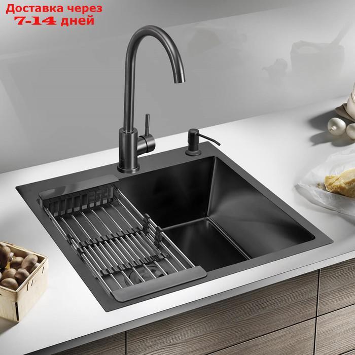 Мойка кухонная "РМС" MR-6050BL, врезная, толщина 3,0 и 1 мм, корзина, дозатор, графит - фото 1 - id-p226973599